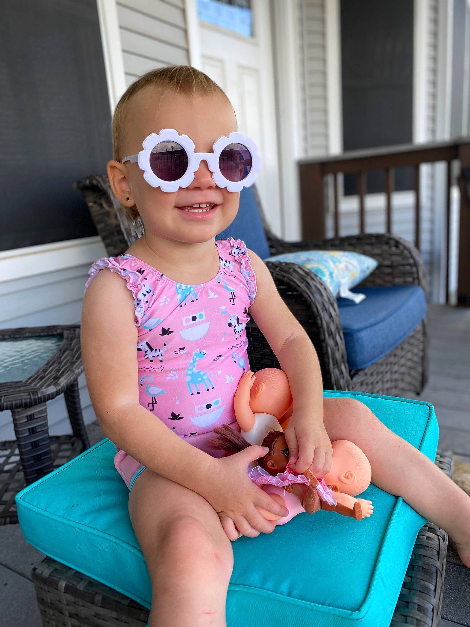 Kynslee joined the competition — help win amazing prizes! baby, baby_toddler_clothing, clothing, cool, dress, eyewear, glasses, goggles, happy, joy, leisure, person, pink, purple, skin, sleeve, smile, summer, sunglasses, thigh