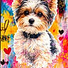 painting, dog, fluffy, colorful, graffiti, hearts, crowns, paw_prints, abstract, art, portrait, wall_art, cute, pet, collar, bright_colors, decor, modern_art, expressionism, canvas