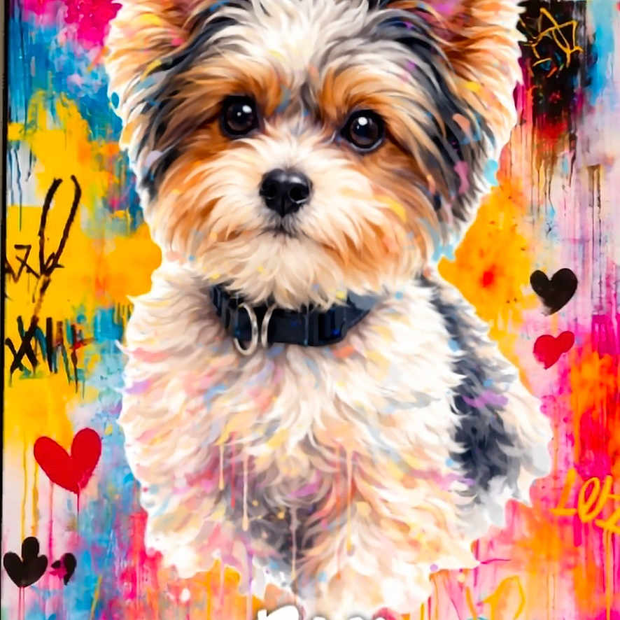 Snoopy a rejoint le concours — aidez-le/la à gagner de superbes lots ! painting, dog, fluffy, colorful, graffiti, hearts, crowns, paw_prints, abstract, art, portrait, wall_art, cute, pet, collar, bright_colors, decor, modern_art, expressionism, canvas