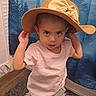 Nita joined the competition — help win amazing prizes! barefoot, blue_curtain, carpet, child, clothing, curious, cute, forest_pattern, gray_shorts, hat, home, indoor, person, pink_shirt, portrait, room, standing, straw_hat, toddler, young_child