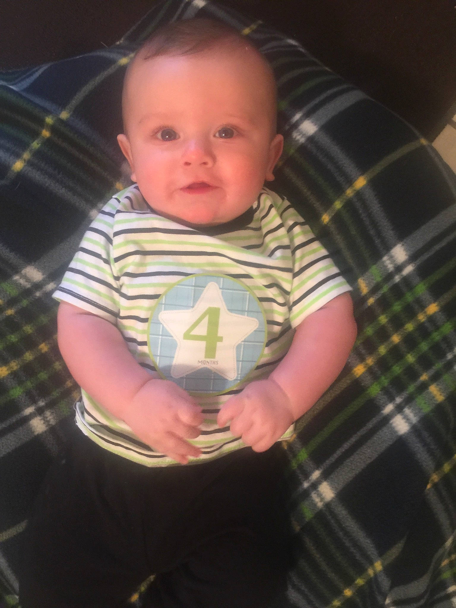 Knox Ryder Parker is registered to the contest to win money with this photo: arm, baby, cheek, child, chin, design, eye, face, head, pattern, person, plaid, sitting, skin, tartan, textile, toddler