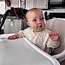 Wrenlee is registered to the contest to win money with this photo: baby, high_chair, blue_eyes, curious, kitchen, indoor, child, person, sweater, seat, table, face, expression, cute, infant, home, furniture, light, portrait, smile