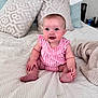 Wrenlee joined the competition — help win amazing prizes! baby, infant, smiling, pink_clothing, sitting, bed, pillows, blanket, indoor, cute, child, face, person, happy, soft_texture, home, cozy, looking, blue_eyes, naked_feet