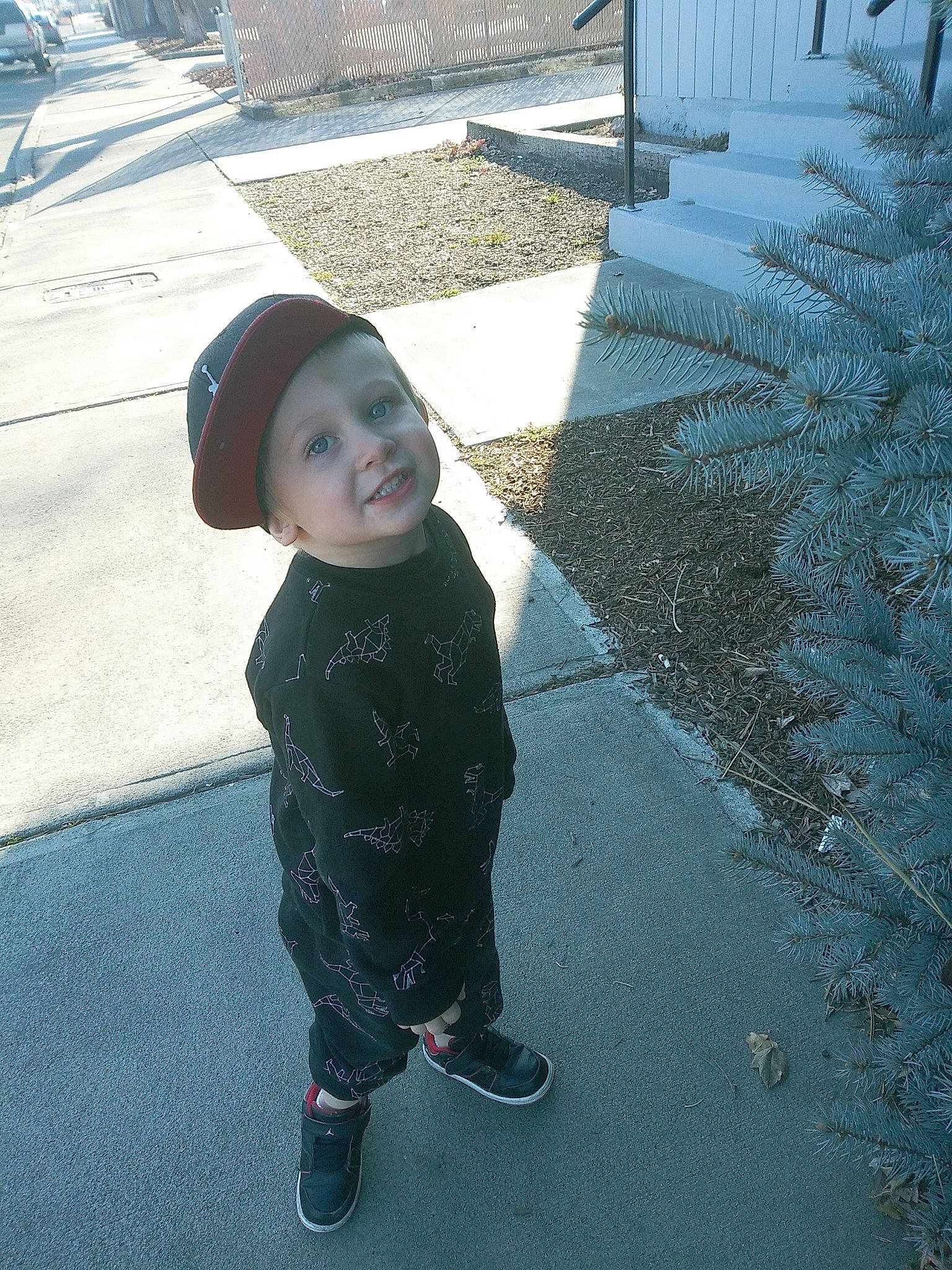 Zayne is registered to the contest to win money with this photo: asphalt, child, fun, headgear, outerwear, person, smile, snow, standing, toddler, tree, vacation, winter