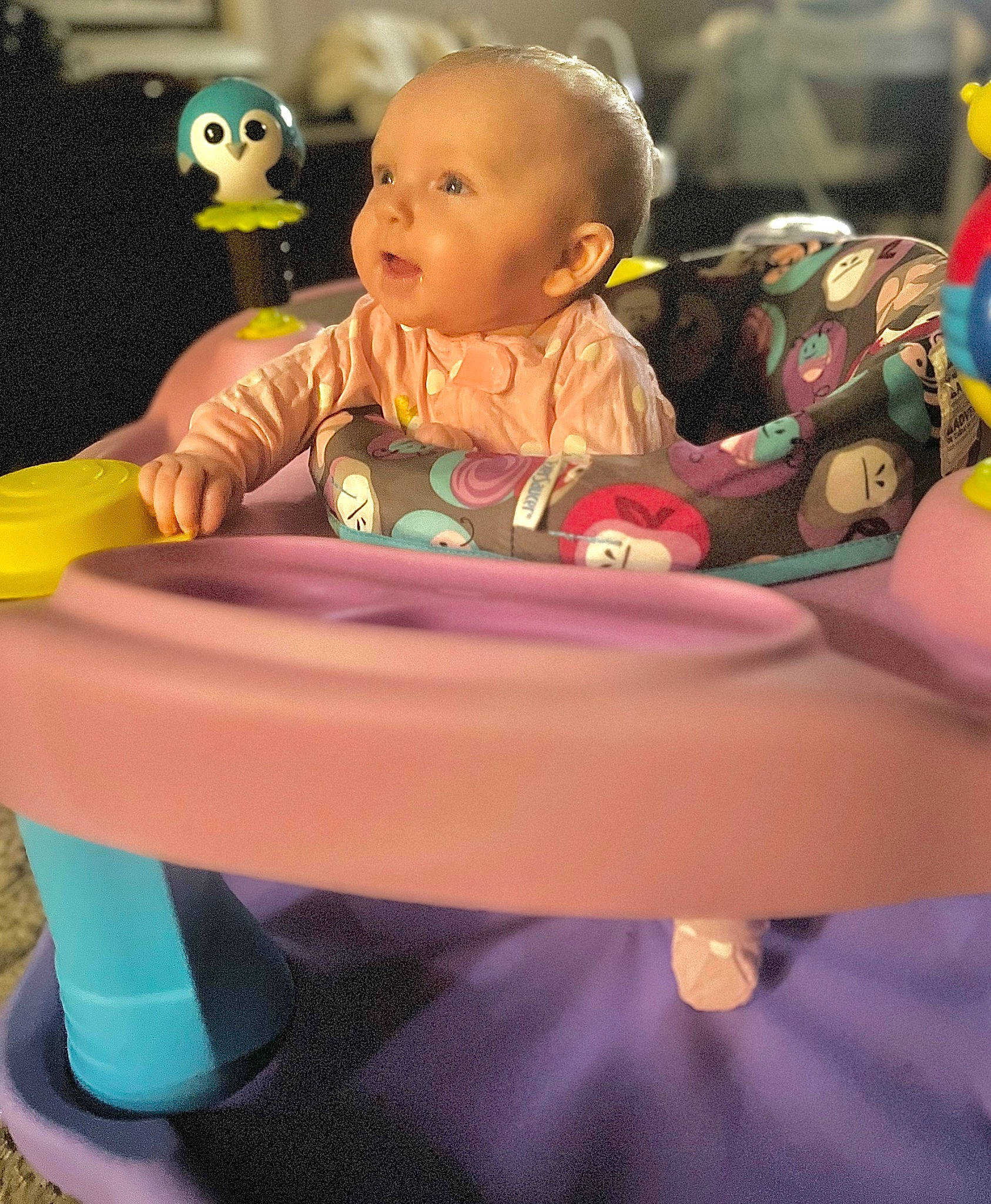 Ainsley joined the competition — help win amazing prizes! baby, baby_toddler_clothing, cheek, child, event, fun, happy, leisure, magenta, person, pink, product, purple, room, sitting, smile, snapshot, table, toddler, toy