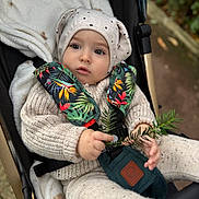 Luka participe au concours pour gagner de l'argent avec cette photo : baby, child, stroller, knitwear, hat, polka_dot, leaf, greenery, outdoor, nature, toddler, seat_belt, cute, infant, warm_clothing, portrait, hand, face, expression, fall