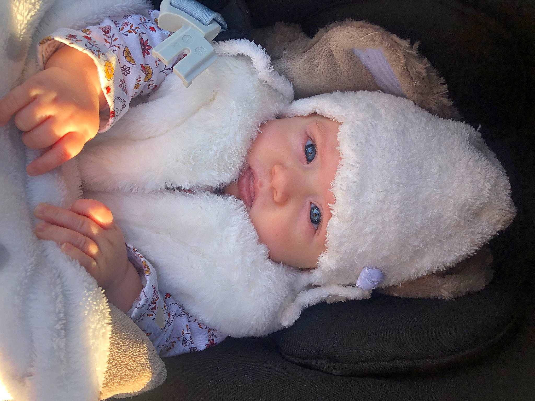 Romy participe au concours pour gagner de l'argent avec cette photo : baby, baby_toddler_clothing, cheek, child, comfort, eye, eyelash, fur, hat, head, headwear, human_body, linens, lip, mouth, nail, nose, person, skin, toddler