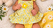 Allis is registered to the contest to win money with this photo: baby, child, infant, portrait, lying_down, sunglasses, floral_dress, yellow, daisies, flowers, stuffed_bunny, plush_toy, blanket, heart_sign, name_sign, nursery, cute, playful, indoor, photography