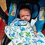 William is registered to the contest to win money with this photo: baby, blanket, blue, car_seat, child, clothing, cute, dinosaur_pattern, expression, fabric, face, floor, indoor, infant, person, portrait, red_mat, seat, tiled_floor, warning_label