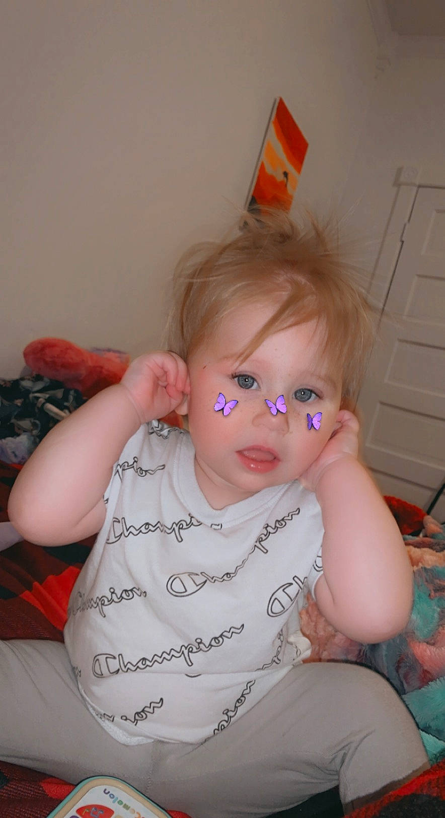 Adalynn joined the competition — help win amazing prizes! arm, baby, baby_toddler_clothing, cheek, ear, eyebrow, facial_expression, glasses, goggles, hairstyle, head, iris, lip, mouth, nose, party_hat, person, pink, skin, sleeve