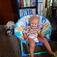 Keeton is registered to the contest to win money with this photo: toddler, child, smile, chair, colorful_chair, dog, carpet, dvd_shelf, dvd_cases, indoor, person, happy, shorts, tshirt, footwear_barefoot, toy, phone, curtain, window, living_room