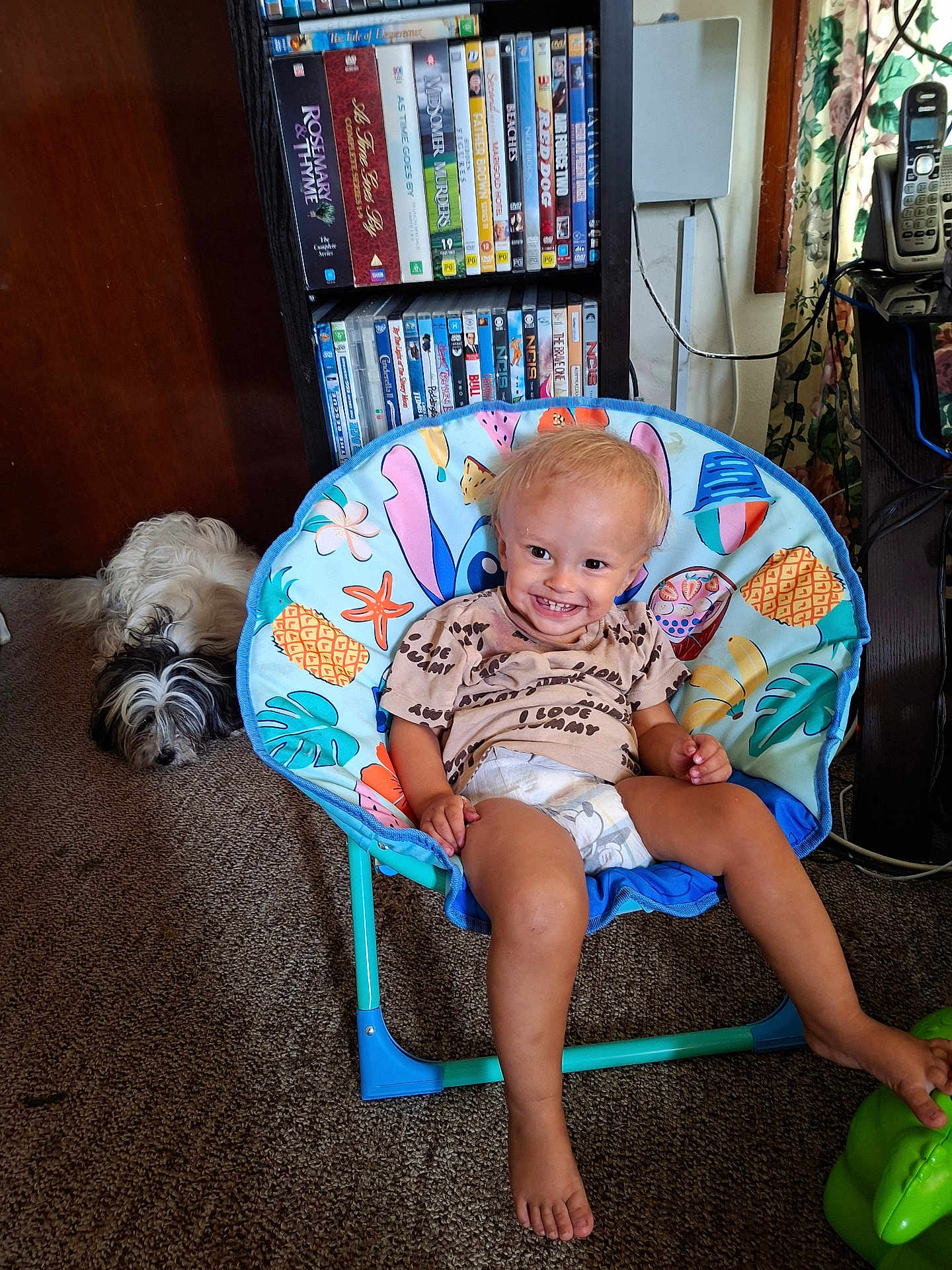 Keeton is registered to the contest to win money with this photo: toddler, child, smile, chair, colorful_chair, dog, carpet, dvd_shelf, dvd_cases, indoor, person, happy, shorts, tshirt, footwear_barefoot, toy, phone, curtain, window, living_room