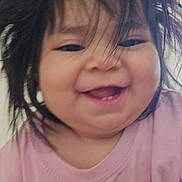 Laurae is registered to the contest to win money with this photo: baby, child, smiling, happy, face, hair, pink_shirt, toddler, portrait, cute, indoors, childhood, joy, expression, young, person, closeup, funny_hair, teeth, playful