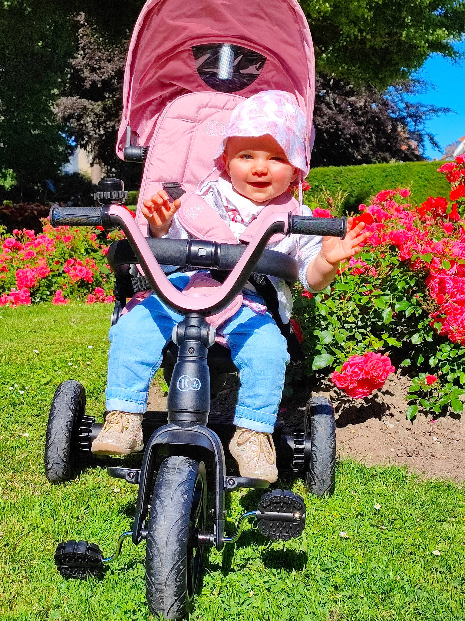 Inaya participe au concours pour gagner de l'argent avec cette photo : baby, baby_carriage, baby_toddler_clothing, bicycle, bicycles_equipment_and_supplies, child, flower, fun, grass, headwear, leisure, people_in_nature, person, petal, plant, recreation, rose_family, tire, toddler, tree