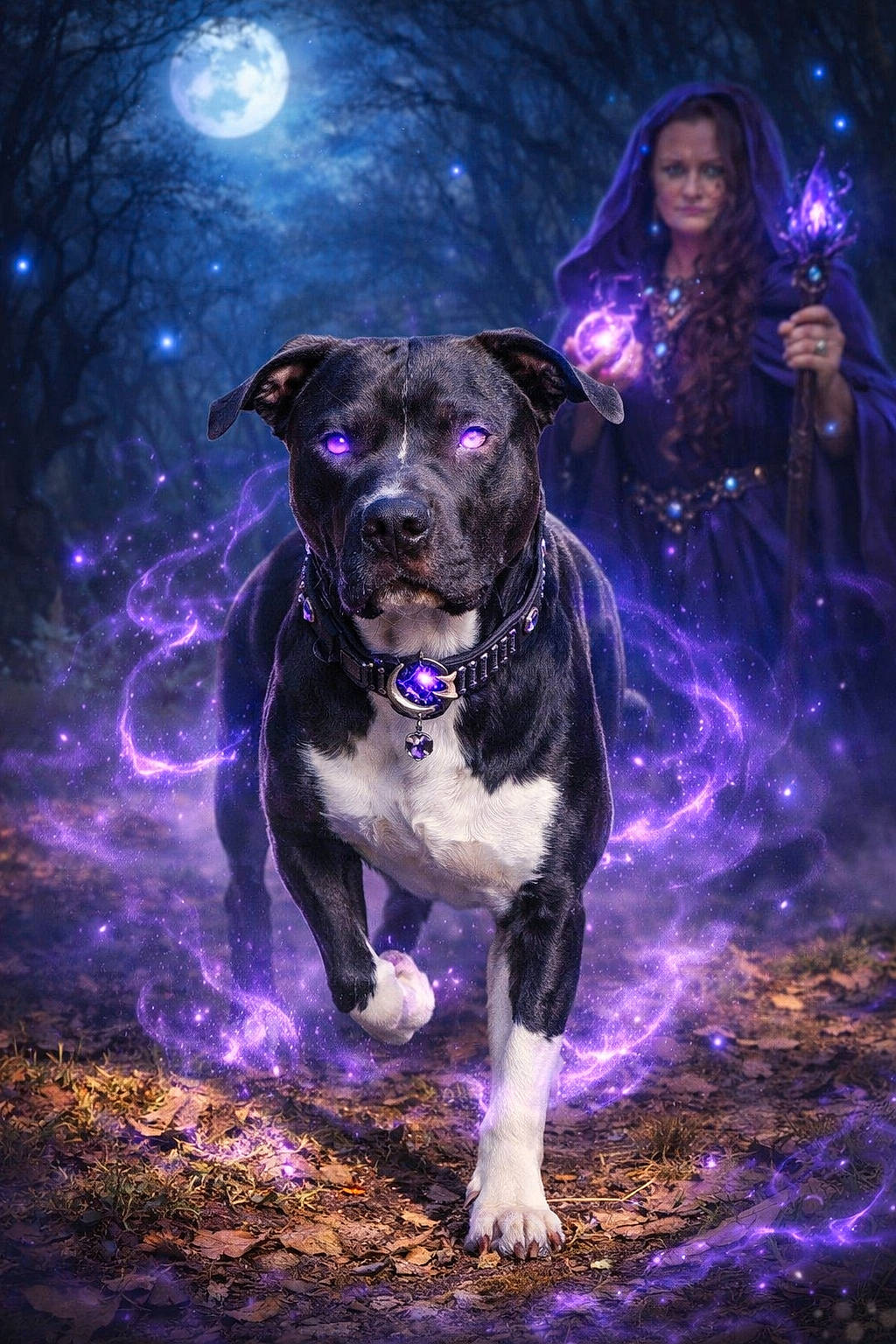 animal, black_and_white, cloak, dog, fantasy, fantasy_art, forest, glowing, glowing_eyes, leaves, magic_orb, moon, mystical, night, purple_light, purple_magic, sorceress, staff, supernatural, walking