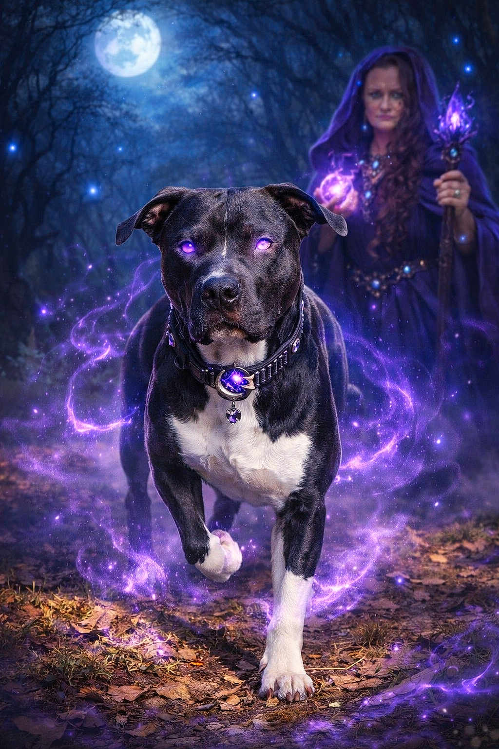 Halo is registered to the contest to win money with this photo: dog, black_and_white, glowing_eyes, purple_magic, fantasy, sorceress, staff, magic_orb, forest, moon, night, leaves, cloak, purple_light, mystical, walking, animal, fantasy_art, glowing, supernatural