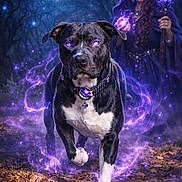 Thor joined the competition — help win amazing prizes! black_and_white, dark, dog, fantasy, female, forest, full_moon, glowing_effect, glowing_eyes, leaves, long_hair, magic, mysterious, mystical, night, orb, purple_magic, robe, staff, walking