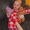 Presley joined the competition — help win amazing prizes! child, girl, toddler, portrait, sitting, couch, dolls, toy, pajamas, red_and_white, smiling, blue_eyes, long_hair, indoors, home, playtime, barefoot, cuddling, casual, photography