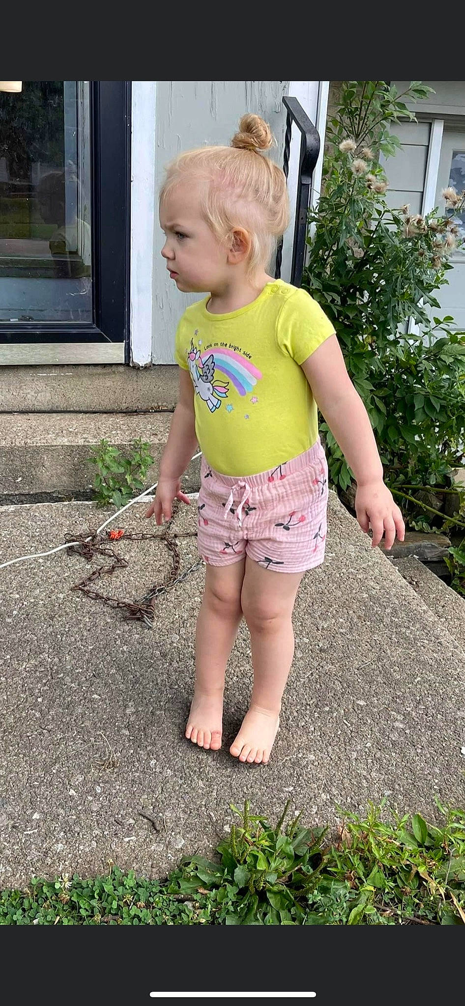 Lillyanna is registered to the contest to win money with this photo: baby, baby_toddler_clothing, barefoot, child, fun, grass, hair, human_leg, leisure, pattern, people_in_nature, person, pink, plant, shorts, sleeve, t_shirt, thigh, toddler, waist