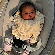 Averyana is registered to the contest to win money with this photo: adorable, baby, baby_seat, bib, buckle, clothing, comfort, cushion, cute, expression, face, indoor, infant, looking_away, mittens, newborn, person, sitting, soft_lighting, textile