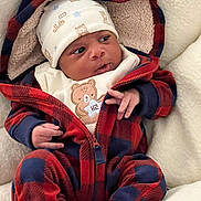 Zachariah joined the competition — help win amazing prizes! baby, blanket, child, clothing, cozy, cute, expression, face, hand, hat, indoors, infant, newborn, onesie, plaid, portrait, sitting, soft, teddy_bear, warm