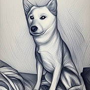Dina a rejoint le concours — aidez-le/la à gagner de superbes lots ! animal, bed, blanket, canine, dog, drawing, ears, face, fur, indoor, legs, monochrome, nosed, pet, pillow, portrait, resting, sitting, sketch, texture