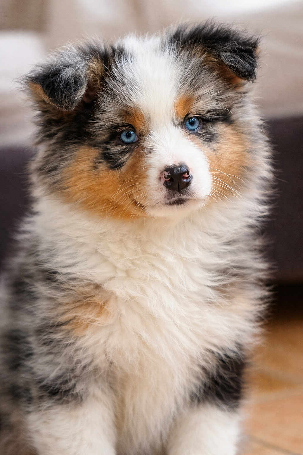 Arwen participe au concours pour gagner de l'argent avec cette photo : puppy, dog, australian_shepherd, blue_eyes, fluffy, fur, close_up, portrait, indoors, pet, nose, ears, whiskers, sitting, young, adorable, soft_light, tricolor, floor, couch_background