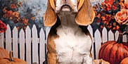 Alvin a rejoint le concours — aidez-le/la à gagner de superbes lots ! animal, autumn, background, beagle, black_surface, cute, decor, dog, ears, expression, fall_foliage, indoor, pet, portrait, pumpkin, puppy, seasonal, sitting, studio, white_picket_fence