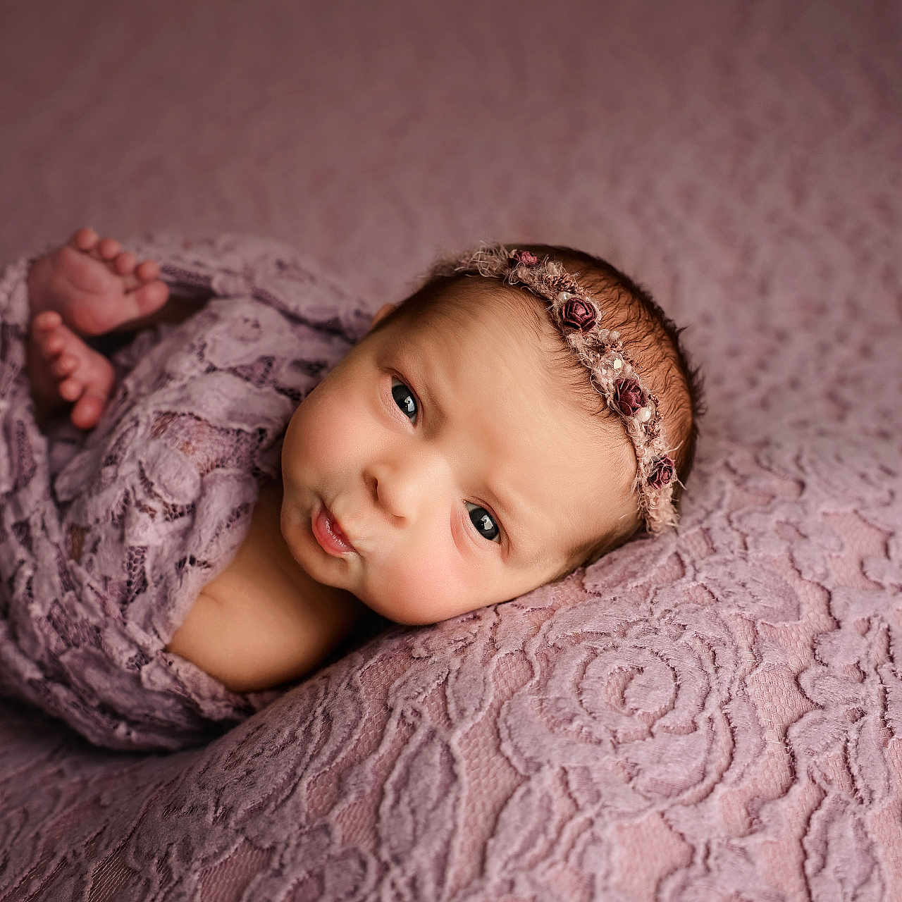Maeve joined the competition — help win amazing prizes! baby, blanket, closeup, cute, face, flower, headband, infant, lace, newborn, portrait, puckered_lips, purple, resting, skin, sleepy, small_feet, soft, texture, wrapped