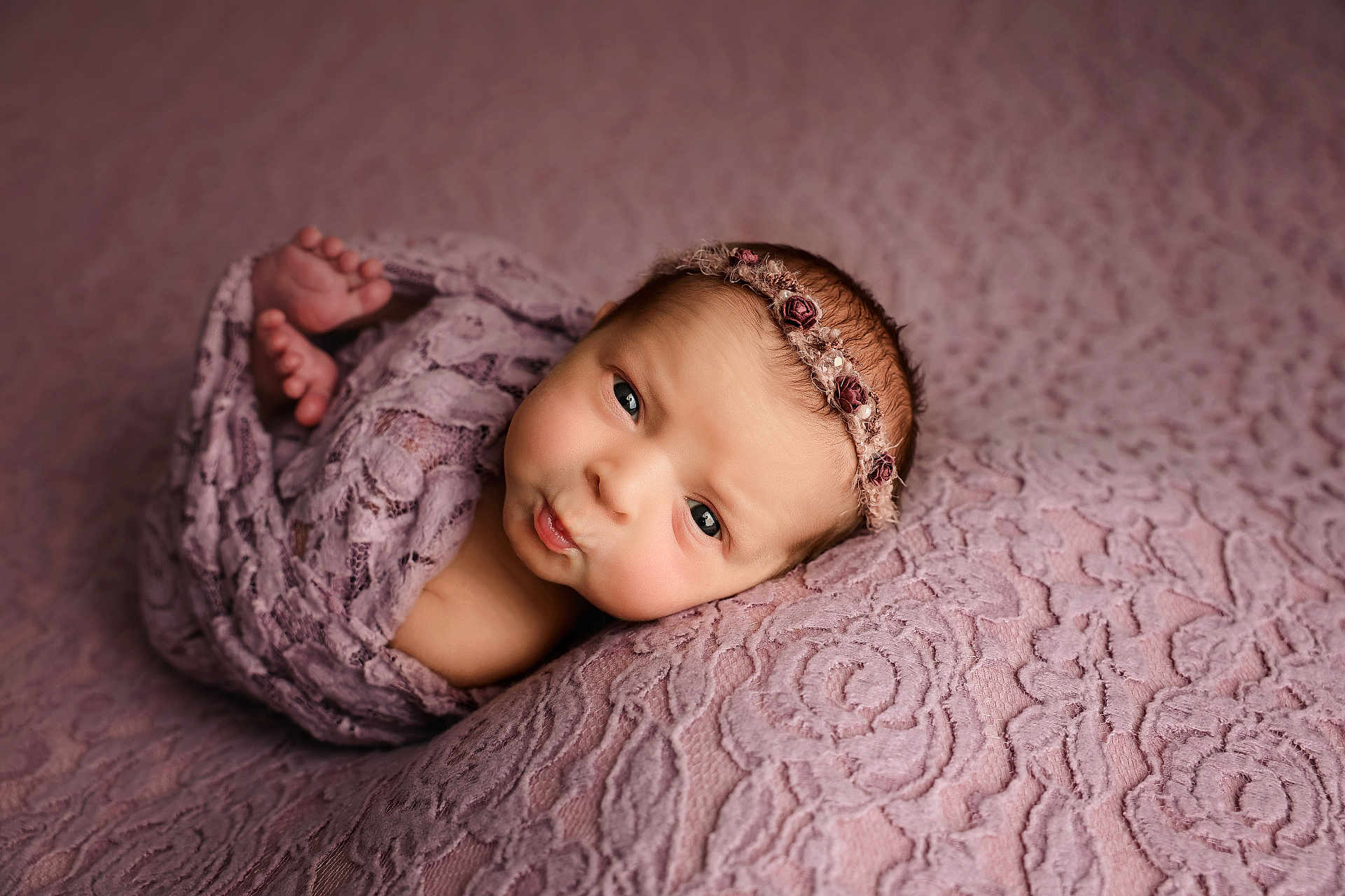 Maeve joined the competition — help win amazing prizes! newborn, baby, infant, portrait, wrapped, lace, purple, headband, flower, soft, texture, blanket, cute, puckered_lips, resting, closeup, skin, face, small_feet, sleepy