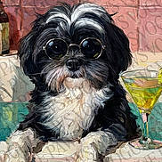 Sylvie Jo is registered to the contest to win money with this photo: dog, sunglasses, counter, cocktail_glass, pink_tiles, black_and_white, pet, portrait, indoor, artistic, painted_style, watermark, drink, leisure, cute, animal, face, fur, small_dog, glasses