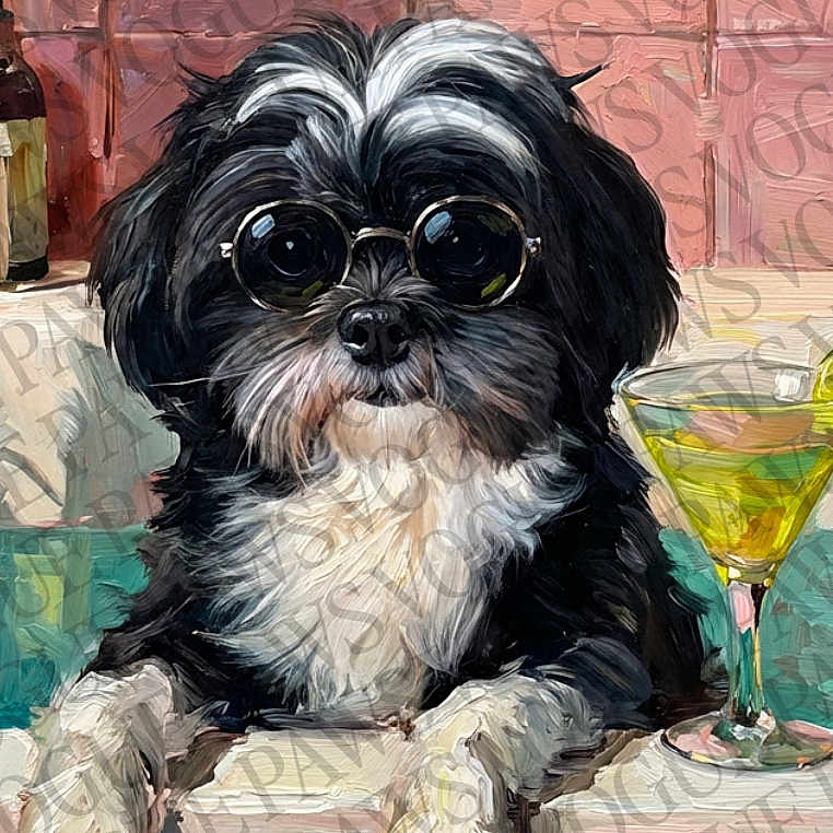 Sylvie Jo is registered to the contest to win money with this photo: dog, sunglasses, counter, cocktail_glass, pink_tiles, black_and_white, pet, portrait, indoor, artistic, painted_style, watermark, drink, leisure, cute, animal, face, fur, small_dog, glasses