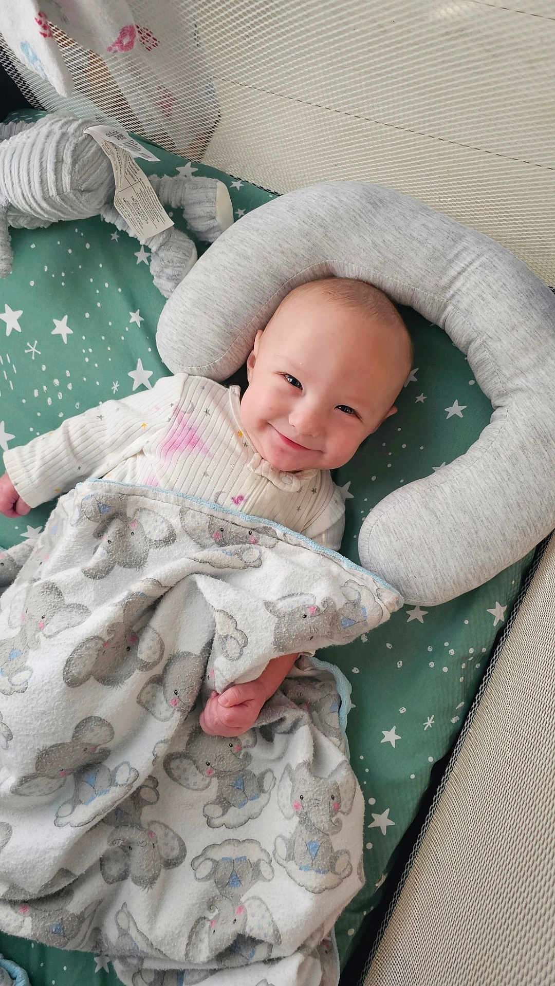 Chester joined the competition — help win amazing prizes! baby, smiling, blanket, elephant_pattern, pillow, toy, crib, mattress, stars, sleeping_area, infant, cute, cozy, child, fabric, bedtime, happy, resting, comfort, indoors