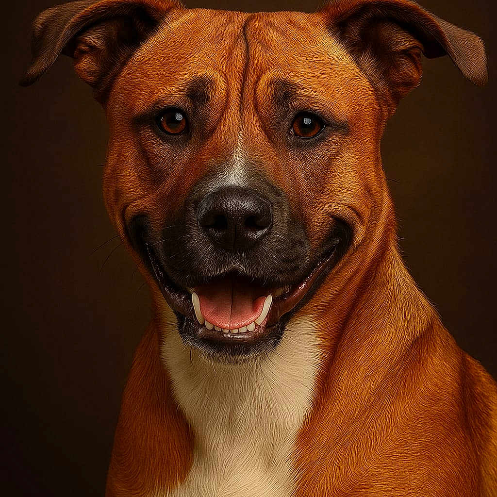 Nala participe au concours pour gagner de l'argent avec cette photo : dog, portrait, brown_background, smiling, fur, pet, canine, animal, closeup, friendly, ears, teeth, tongue, expression, mammal, domestic_animal, looking_at_camera, happy, studio_lighting, head_and_shoulders