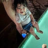 toddler, child, adult_hand, pool, water, night, smile, curly_hair, casual_clothing, legs, feet, social_media_interface, emoji, message_box, profile_icon, love_heart, ring, outdoor, person, photograph