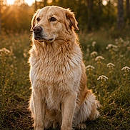 Taz a rejoint le concours — aidez-le/la à gagner de superbes lots ! dog, golden_retriever, animal, pet, outdoor, field, grass, wildflowers, sunlight, golden_hour, fur, canine, nature, portrait, sitting, calm, fluffy, beautiful, mammal, daylight