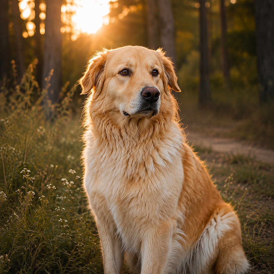 Taz participe au concours pour gagner de l'argent avec cette photo : dog, golden_retriever, animal, pet, outdoor, nature, forest, sunset, sunlight, grass, path, tree, canine, fur, mammal, sitting, portrait, calm, daylight, wildlife