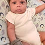 Ja'Cory is registered to the contest to win money with this photo: baby, infant, onesie, mitten, blanket, face, expression, wide_eyes, soft_fabric, bed, sleepwear, person, child, cute, indoor, portrait, newborn, resting, young, curious