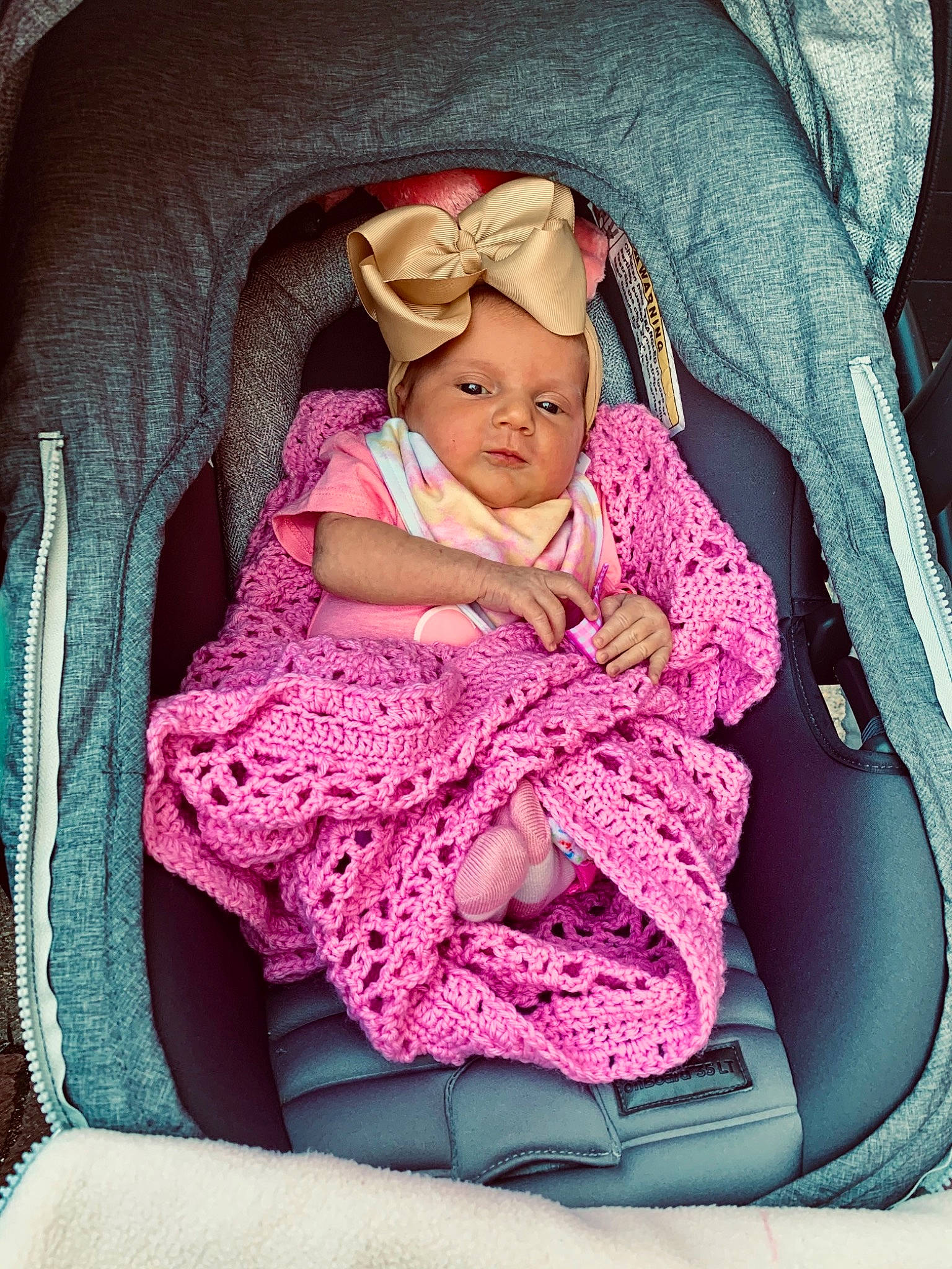 Elliana is registered to the contest to win money with this photo: baby, baby_carriage, baby_products, baby_toddler_clothing, beauty, car_seat, cheek, child, comfort, eye, linens, magenta, outerwear, person, pink, product, purple, sitting, sleeve, textile