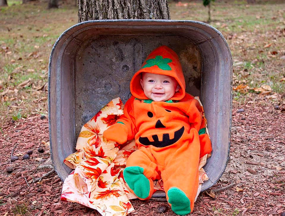 Bristol is registered to the contest to win money with this photo: child, costume, fictional_character, headwear, joy, leaf, orange, outerwear, person, play, pumpkin, toddler, trick_or_treat
