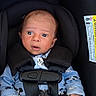  안전, baby, blue_clothing, car, car_seat, child, face, facial_expression, harness, head, indoors, infant, mickey_mouse, pajamas, photography, portrait, safety_belt, sitting, vehicle, wide_eyed