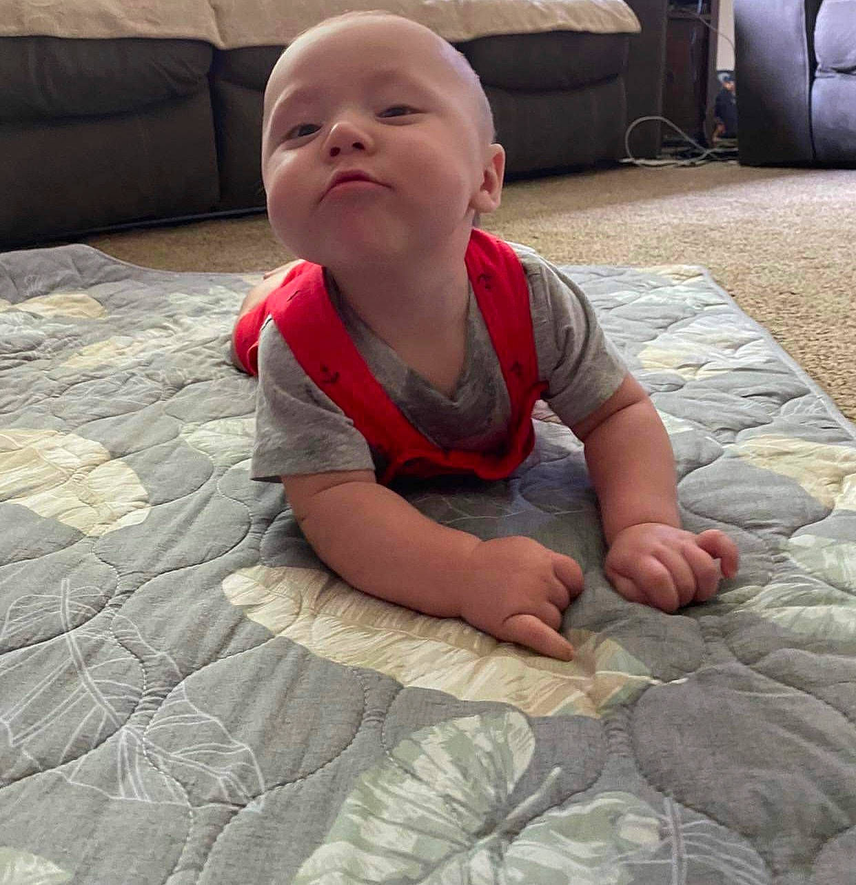 Jude joined the competition — help win amazing prizes! baby, baby_toddler_clothing, carpet, child, comfort, crawling, floor, flooring, foot, fun, grass, hairstyle, linens, person, photograph, road_surface, sitting, skin, snapshot, toddler