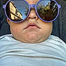 baby, child, face, sunglasses, purple_sunglasses, reflection, outdoor, cute, portrait, white_shirt, closeup, person, young_child, head, chin, skin, fashion, accessory, expression, infant