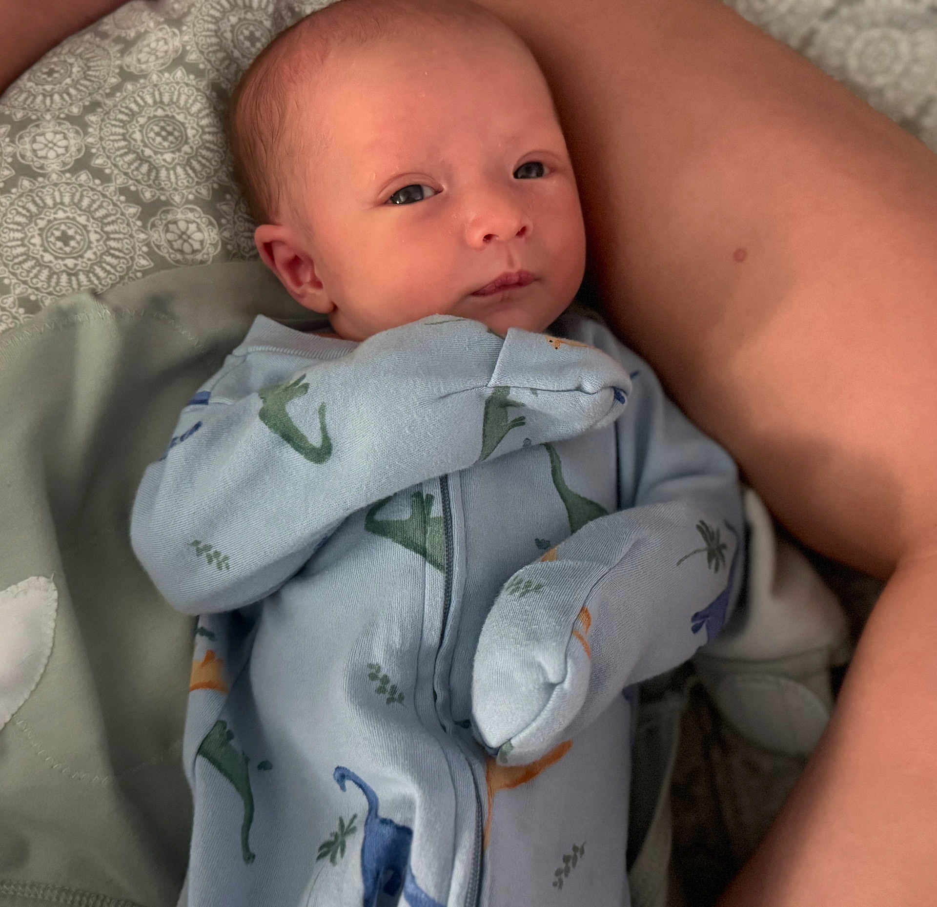Bryson joined the competition — help win amazing prizes! baby, infant, onesie, dinosaur_print, blanket, legs, skin, face, eyes, sleepwear, child, newborn, cute, soft_lighting, indoors, portrait, comfort, resting, human, cozy