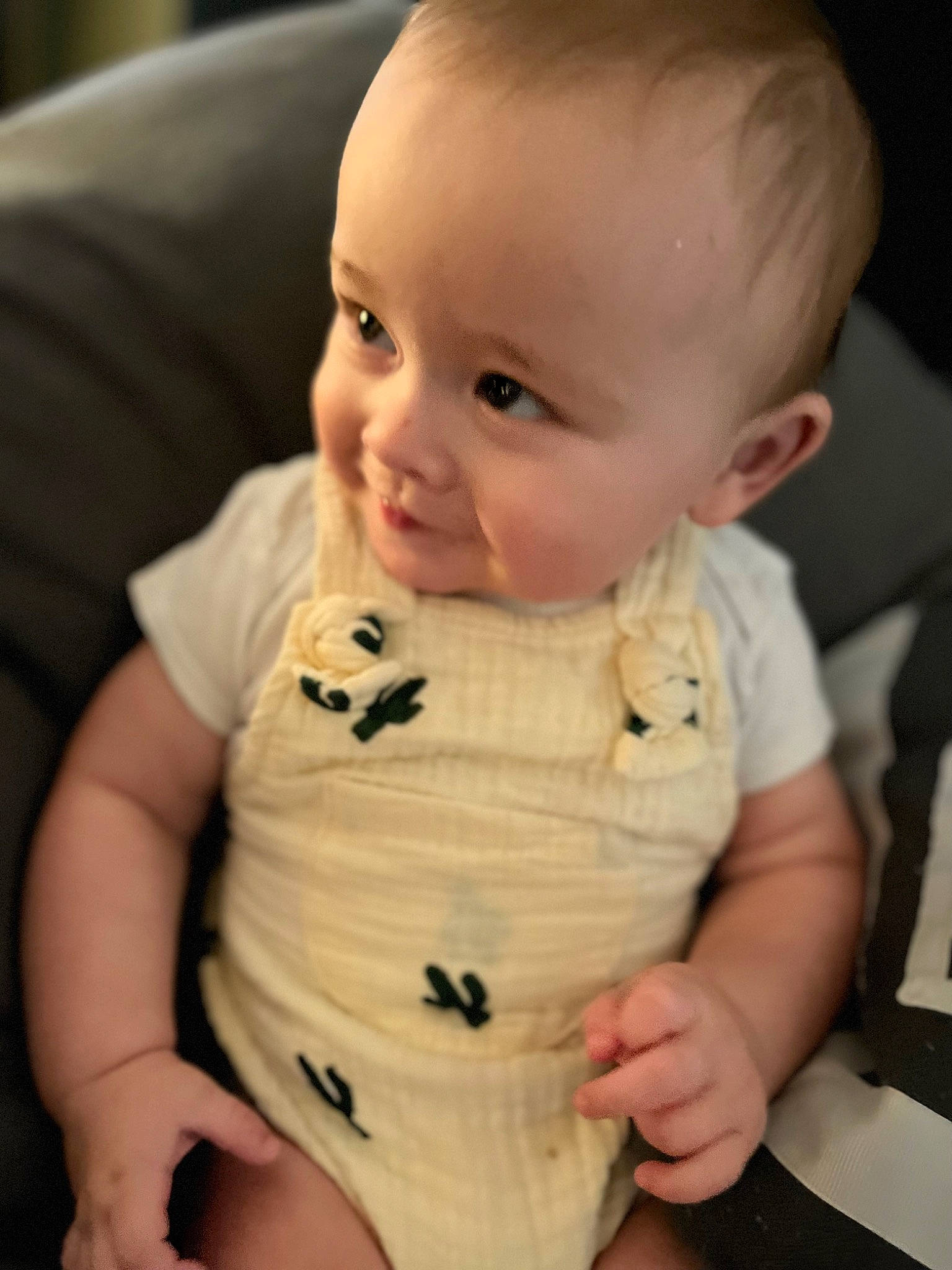 Declan is registered to the contest to win money with this photo: arm, baby, baby_toddler_clothing, cheek, chest, child, collar, comfort, dress, happy, human_body, lip, neck, nose, person, sitting, skin, sleeve, smile, t_shirt