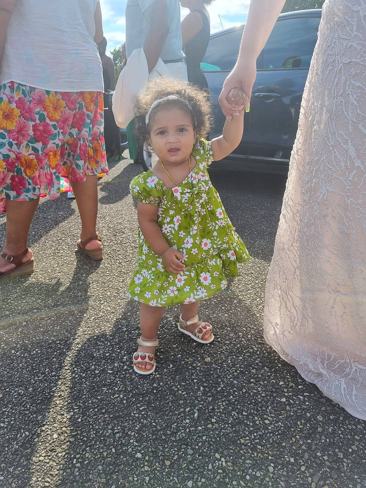 Camillia participe au concours pour gagner de l'argent avec cette photo : baby_toddler_clothing, child, dress, event, footwear, friendship, fun, gesture, grass, happy, leg, leisure, pattern, person, pink, recreation, road_surface, sandal, style, toddler