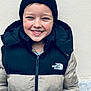 child, smiling, boy, jacket, beanie, hat, winter_clothing, north_face, outdoor, portrait, happy, face, headwear, casual, young, cute, warm_clothes, person, standing, casual_wear