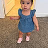 Jazmine is registered to the contest to win money with this photo: toddler, child, blue_dress, pink_shoes, hair_clips, carpet, indoor, person, cute, curious, standing, young_child, baby, footwear, fashion, portrait, expression, hair, floor, door