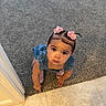 toddler, child, girl, hair_clips, pink, blue_dress, crawling, carpet, tile_floor, indoors, curious, looking_up, cute, expression, baby, person, small, floor, hand, footwear