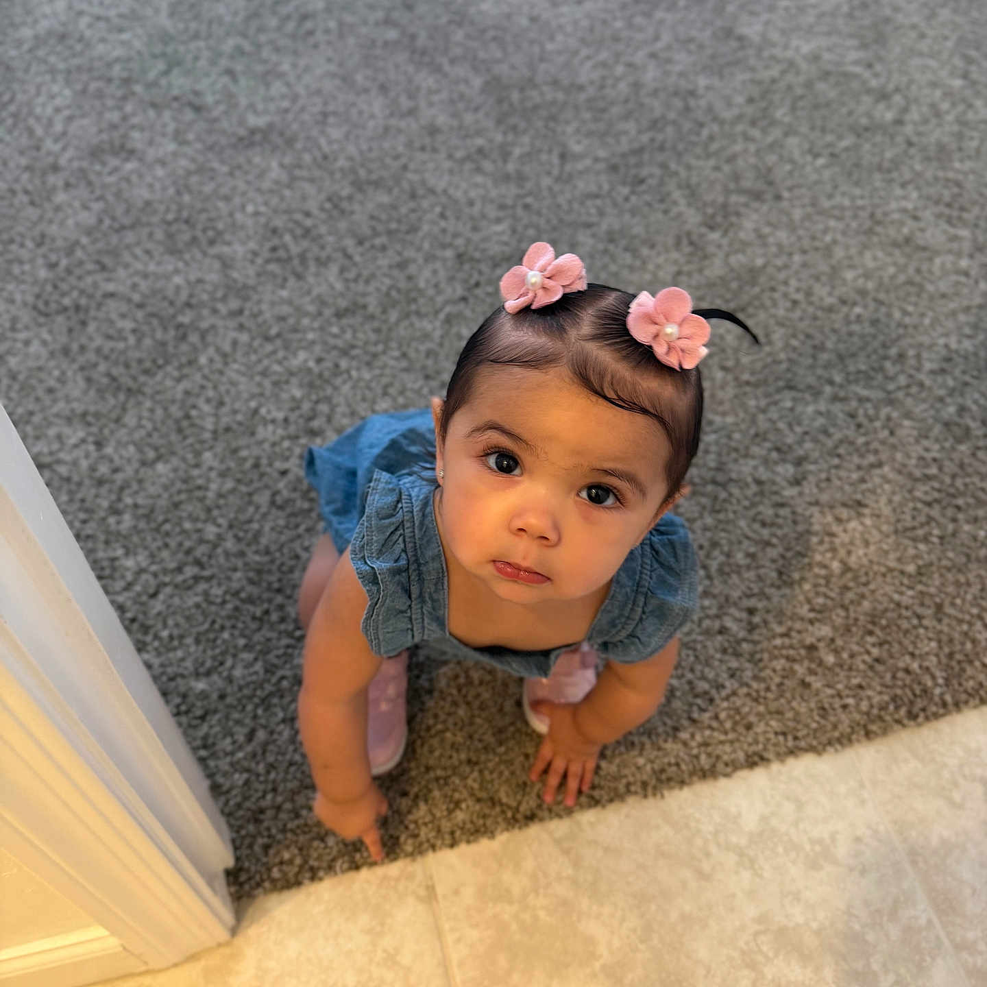Jazmine is registered to the contest to win money with this photo: toddler, child, girl, hair_clips, pink, blue_dress, crawling, carpet, tile_floor, indoors, curious, looking_up, cute, expression, baby, person, small, floor, hand, footwear